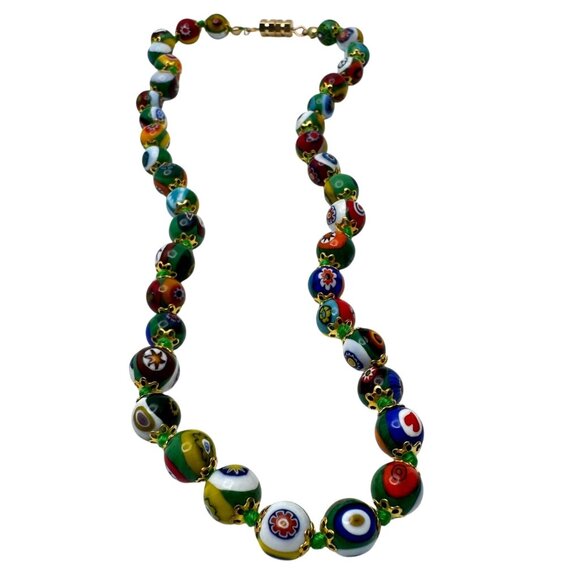 Venice Murano Millefiori Glass Mosaic Bracelet Multicolored Beads GoldTone 16" - Picture 2 of 7